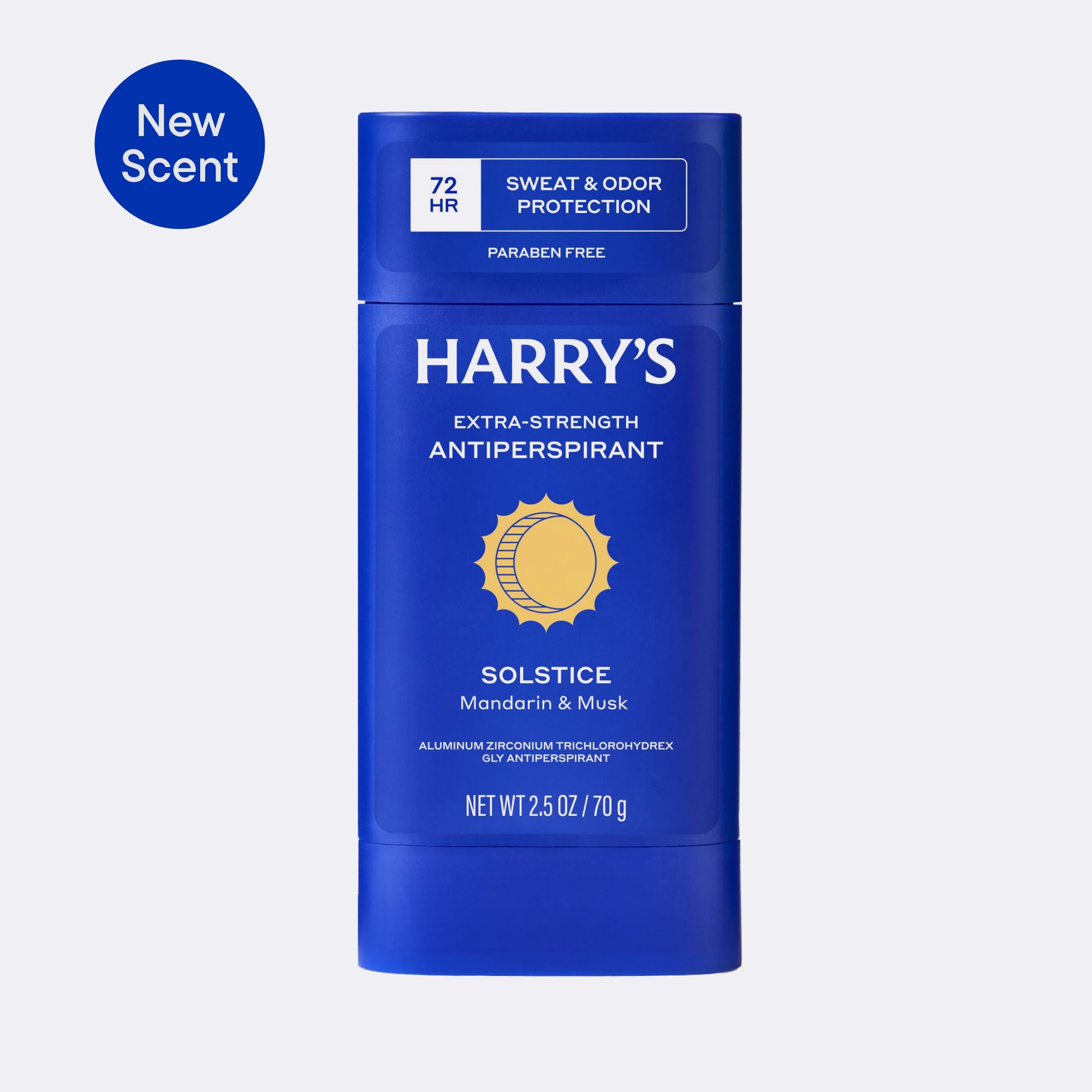 Blue antiperspirant stick with 'Harry's' branding on a light gray background