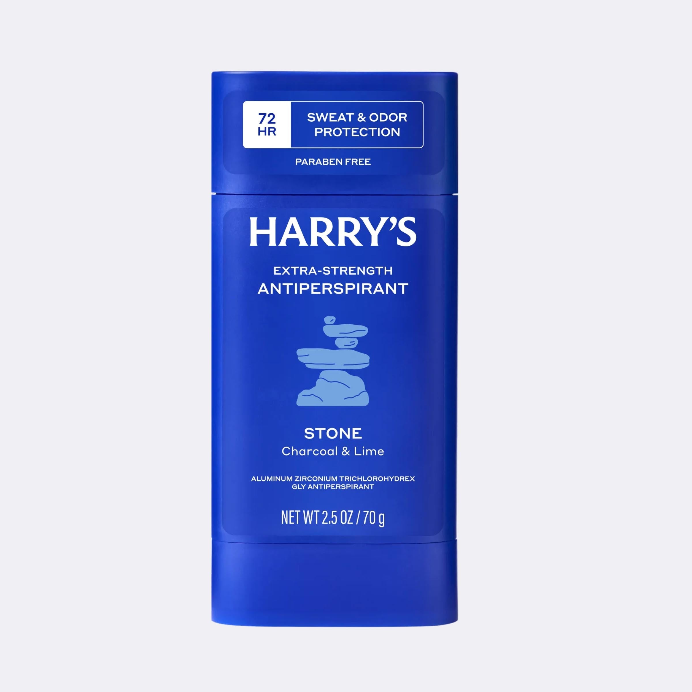 Blue container of Harry's Extra-Strength Antiperspirant on a light blue background