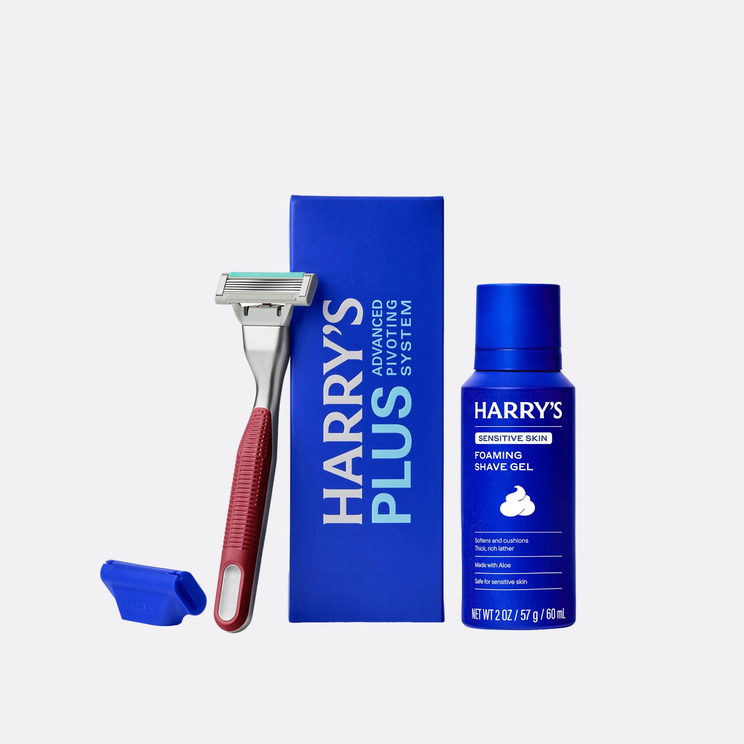 Harry's shaving product set including a razor, box, and shave gel on a white background