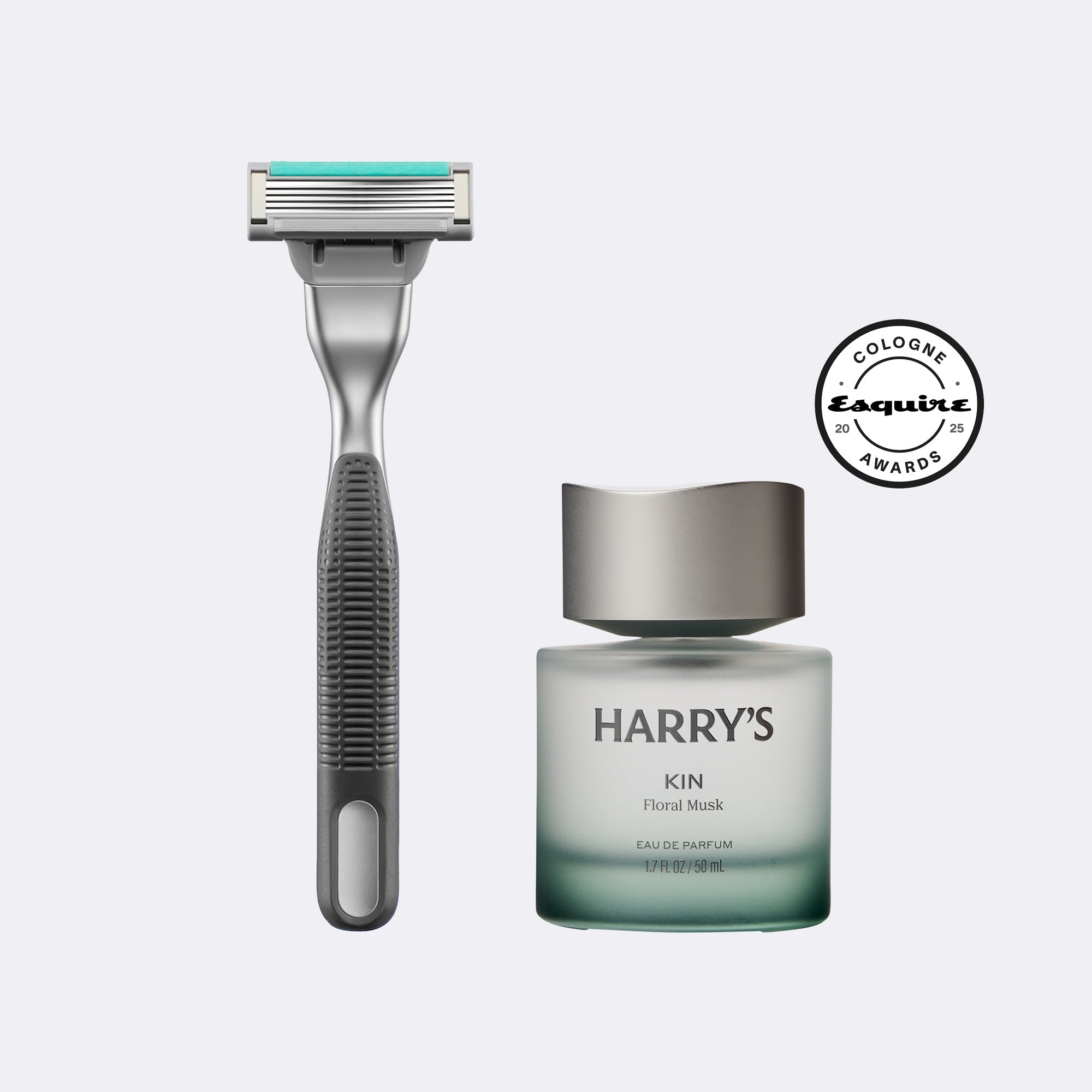 Harry's razor and perfume bottle on a white background with Esquire award logo.