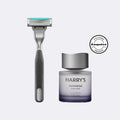 Shaving razor and 'Harry's' cologne bottle on a white background with Esquire award logo.