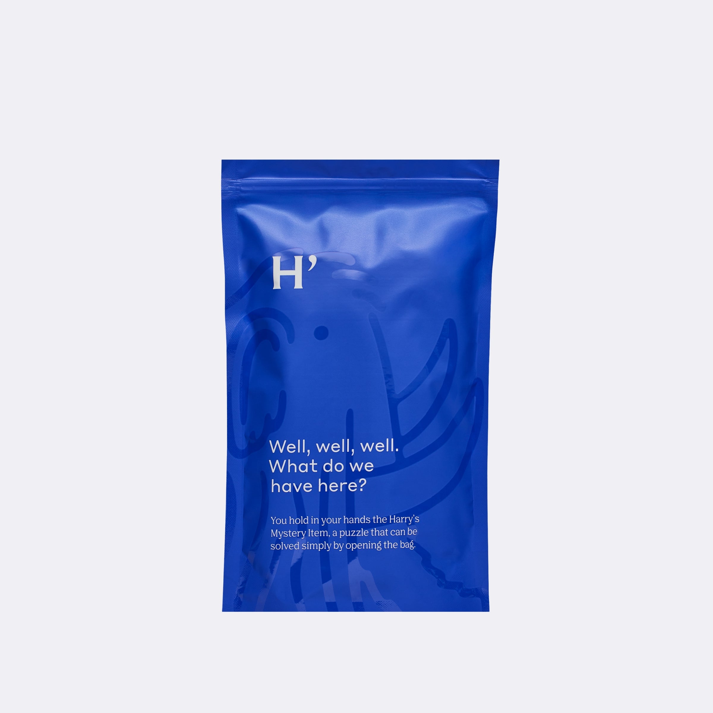 Blue package with text on a light gray background