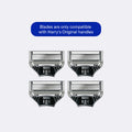 Four razor blades with a blue label indicating compatibility with 'Harry's Original handles' on a light gray background.